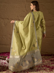 Women Lime Green Pure Silk Solid Woven Design Straight Kurta Trousers With Dupatta-SKSKD3073