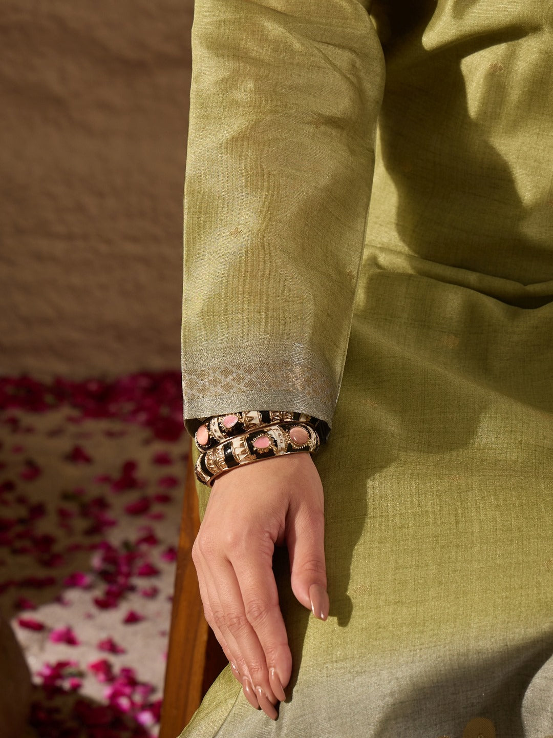 Women Lime Green Pure Silk Solid Woven Design Straight Kurta Trousers With Dupatta