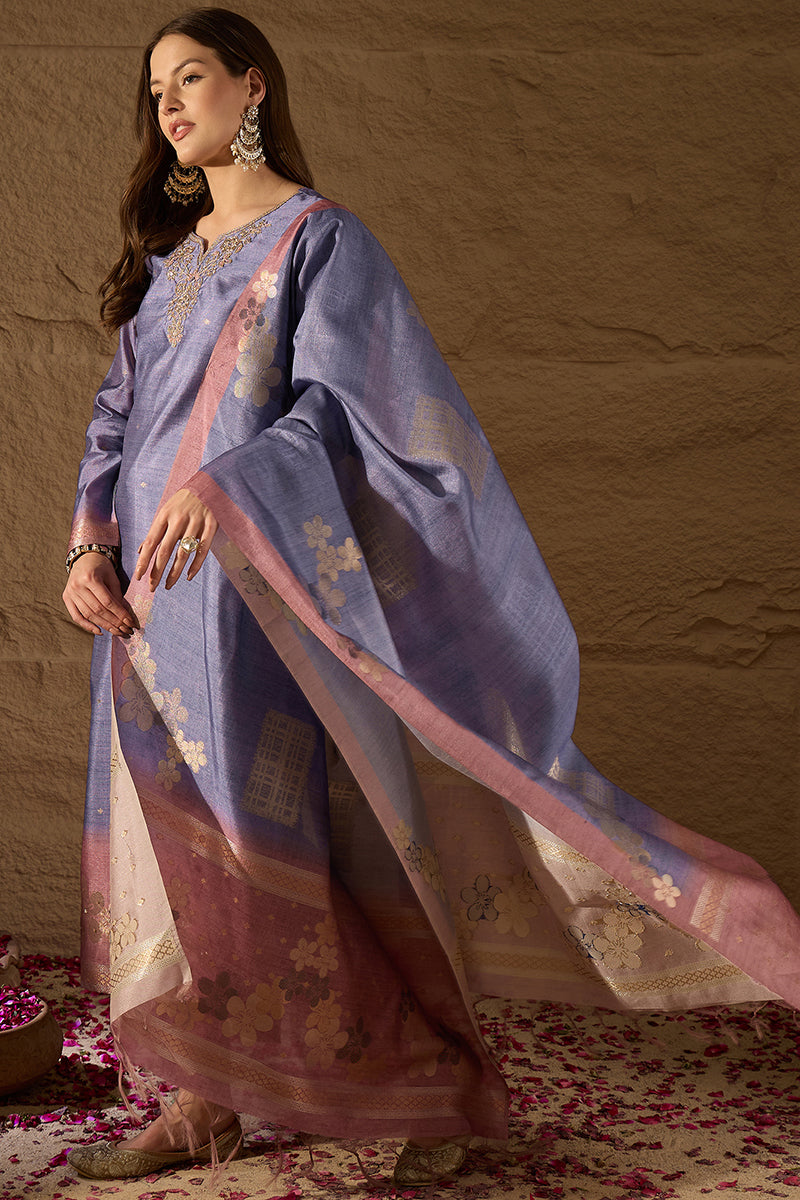 Purple Chanderi Solid Woven Design Straight Kurta Trouser With Dupatta SKSKD3074