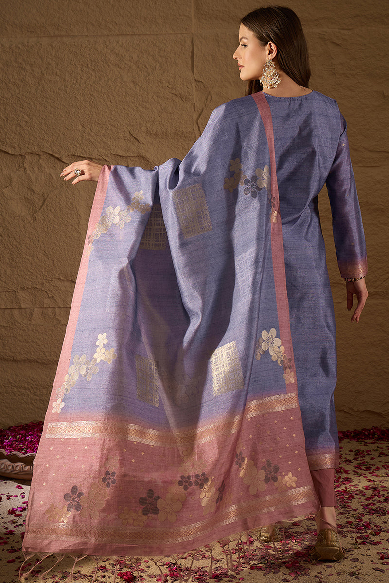 Purple Chanderi Solid Woven Design Straight Kurta Trouser With Dupatta SKSKD3074
