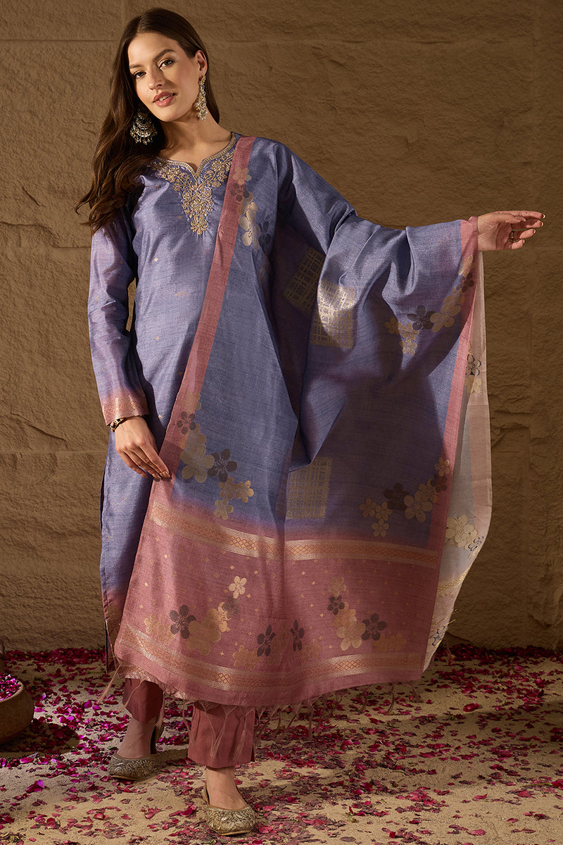 Purple Chanderi Solid Woven Design Straight Kurta Trouser With Dupatta SKSKD3074
