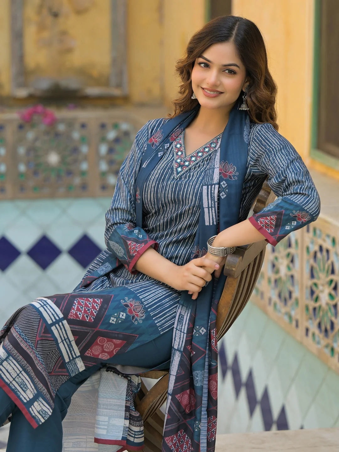 Women Blue Rayon Blend Geometric Printed Straight Kurta Trouser With Dupatta