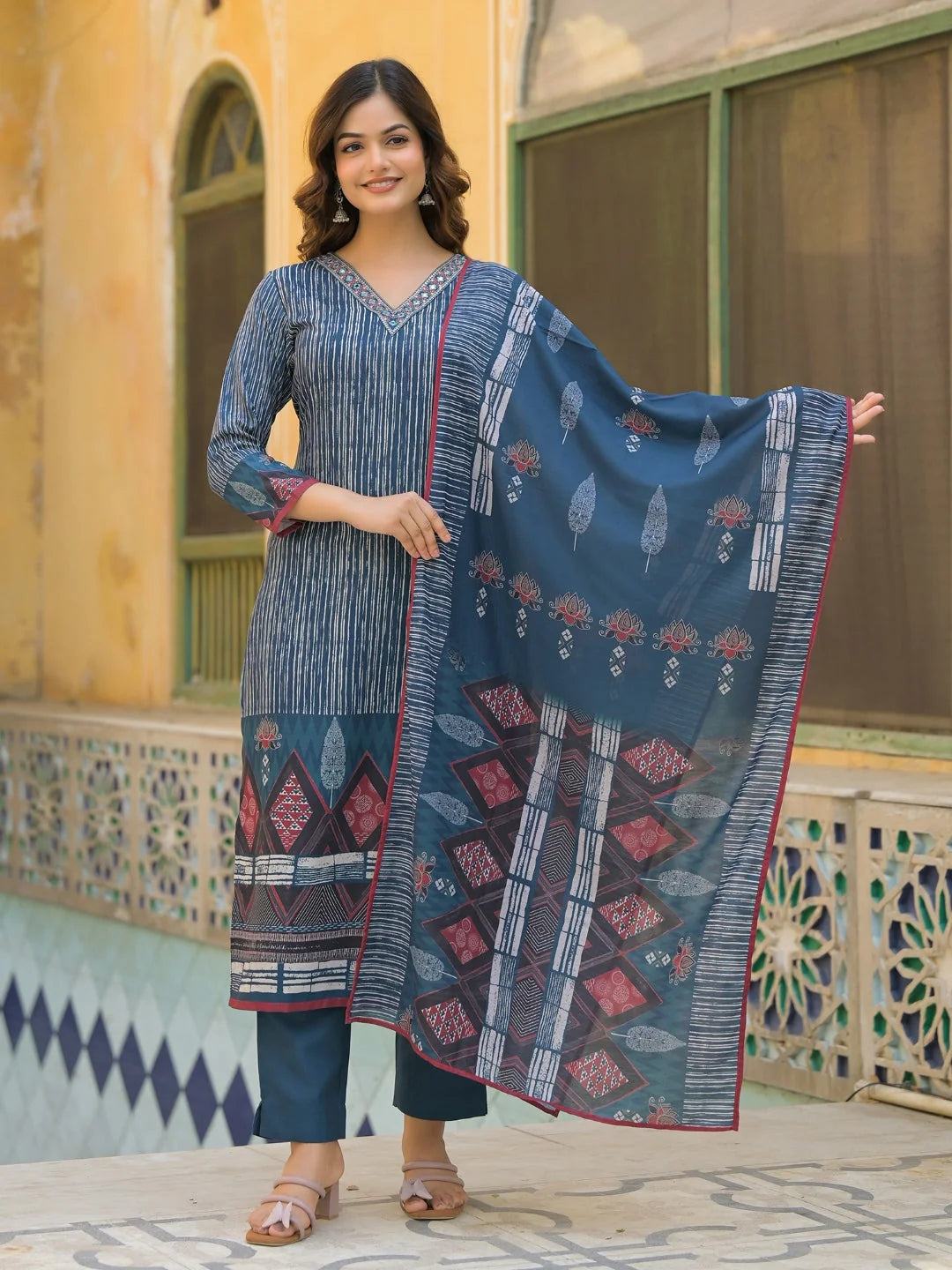 Women Blue Rayon Blend Geometric Printed Straight Kurta Trouser With Dupatta