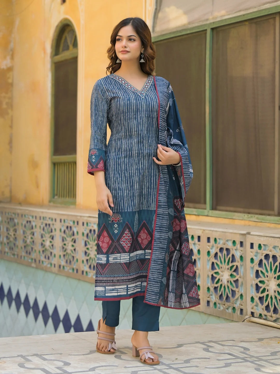 Women Blue Rayon Blend Geometric Printed Straight Kurta Trouser With Dupatta