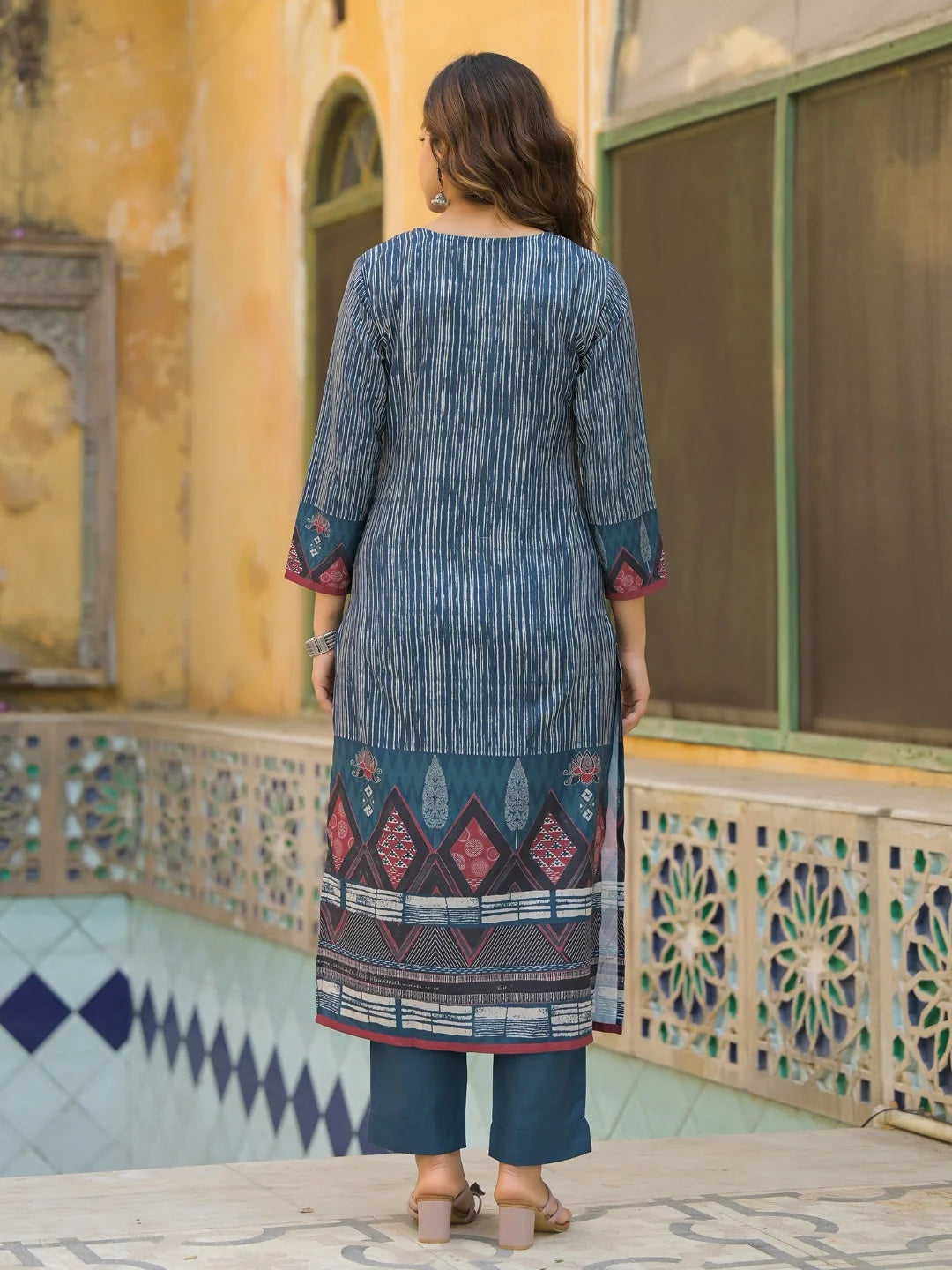 Women Blue Rayon Blend Geometric Printed Straight Kurta Trouser With Dupatta