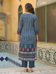 Women Blue Rayon Blend Geometric Printed Straight Kurta Trouser With Dupatta-SKSKD3076