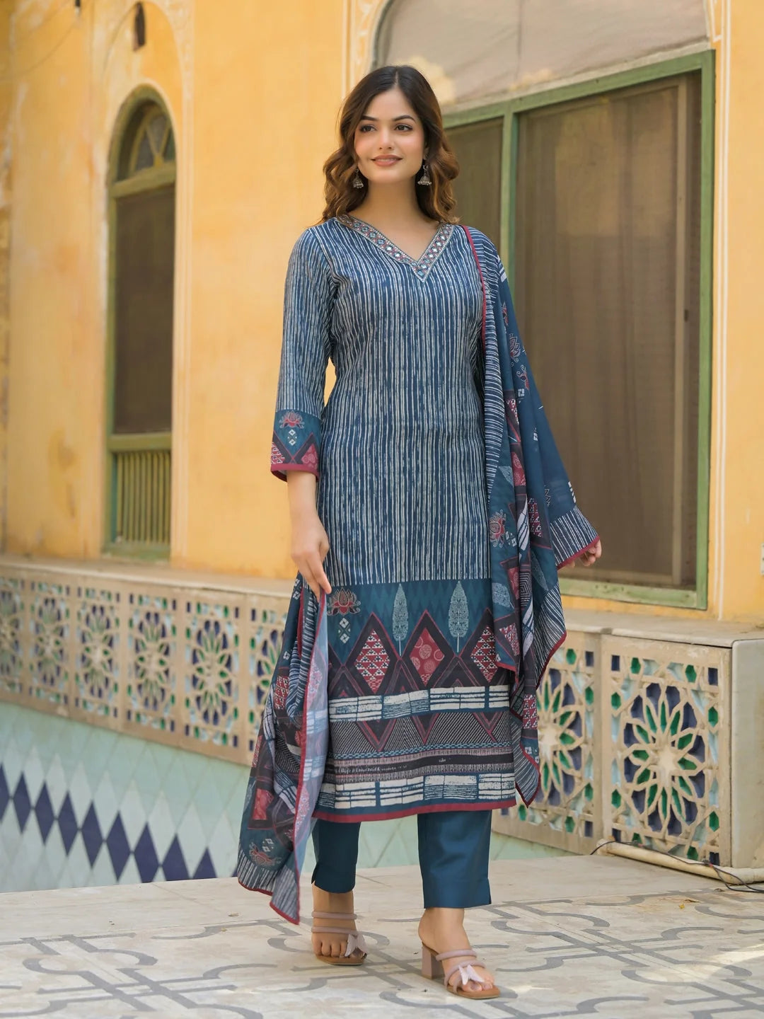 Women Blue Rayon Blend Geometric Printed Straight Kurta Trouser With Dupatta