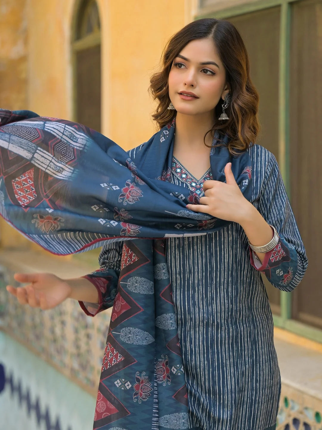 Women Blue Rayon Blend Geometric Printed Straight Kurta Trouser With Dupatta