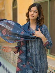 Women Blue Rayon Blend Geometric Printed Straight Kurta Trouser With Dupatta-SKSKD3076
