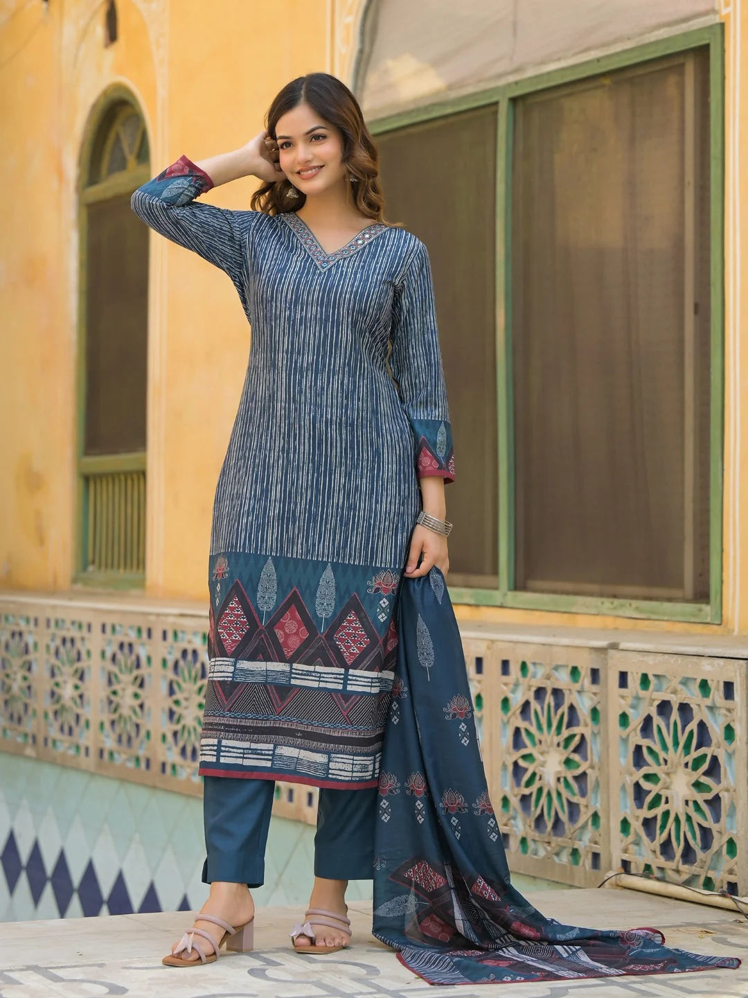 Women Blue Rayon Blend Geometric Printed Straight Kurta Trouser With Dupatta
