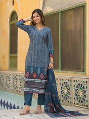 Women Blue Rayon Blend Geometric Printed Straight Kurta Trouser With Dupatta-SKSKD3076