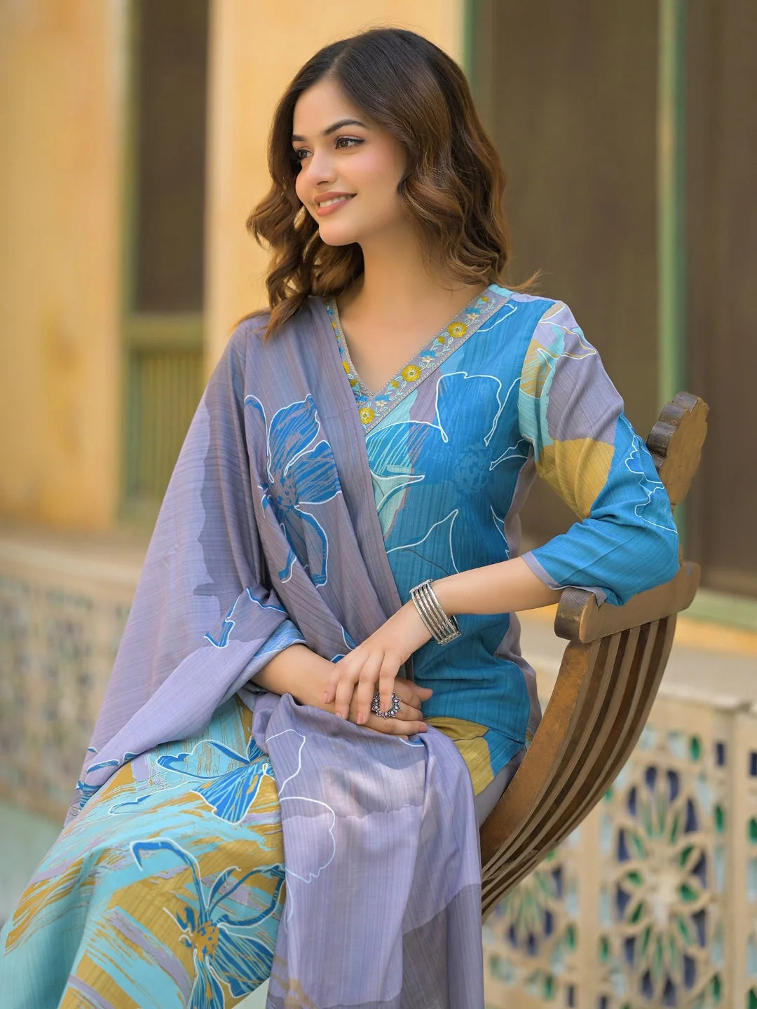 Women Multi Rayon Blend Solid Printed Straight Kurta Trouser With Dupatta
