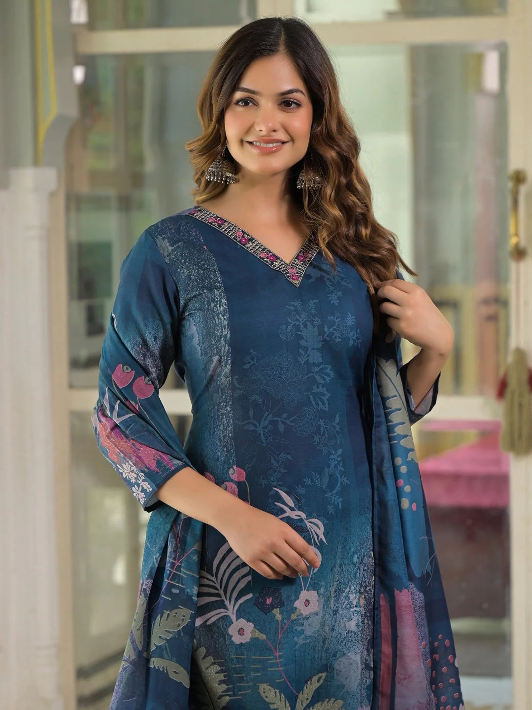 Women Blue Rayon Blend Floral Printed Straight Kurta Trouser With Dupatta