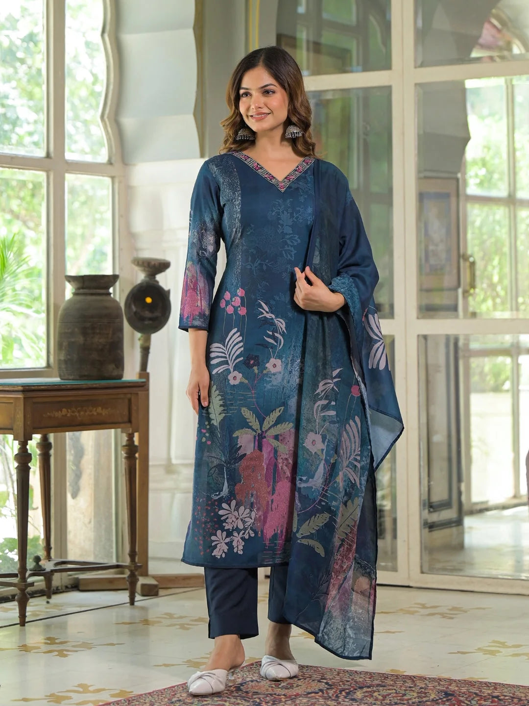 Women Blue Rayon Blend Floral Printed Straight Kurta Trouser With Dupatta