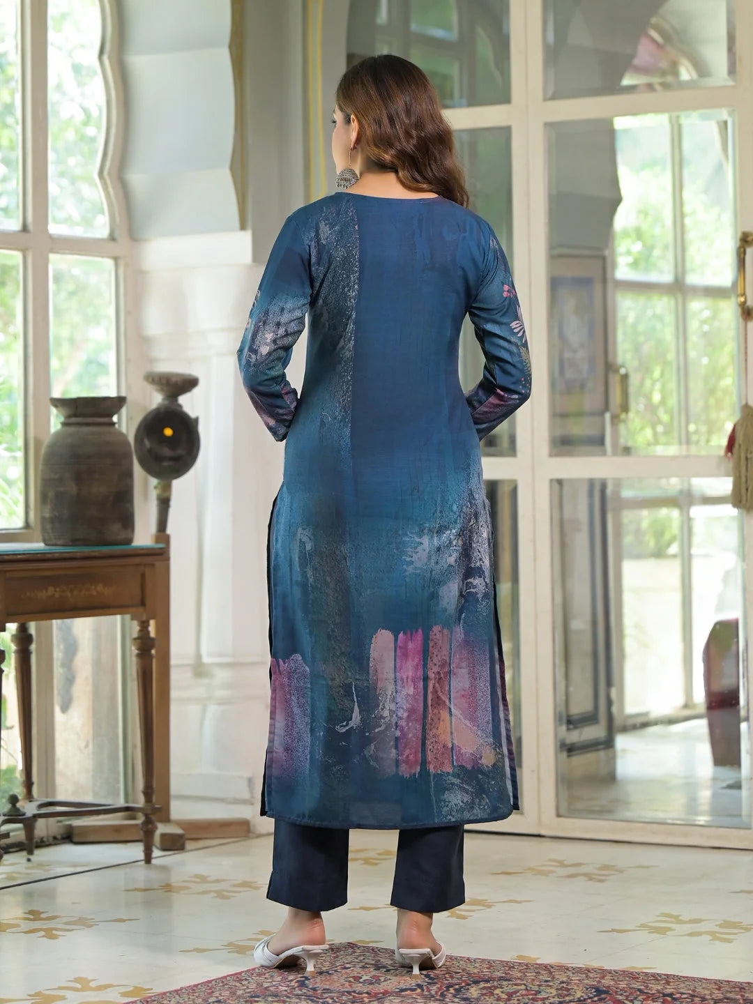 Women Blue Rayon Blend Floral Printed Straight Kurta Trouser With Dupatta