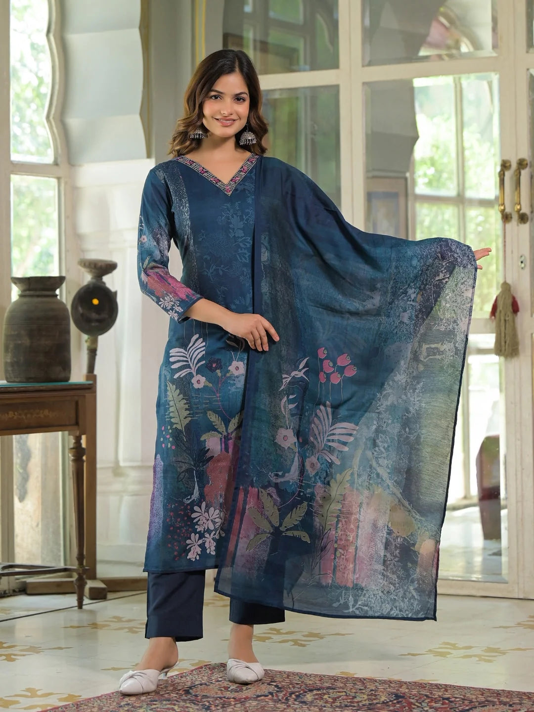 Women Blue Rayon Blend Floral Printed Straight Kurta Trouser With Dupatta
