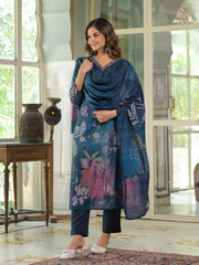 Women Blue Rayon Blend Floral Printed Straight Kurta Trouser With Dupatta-SKSKD3078