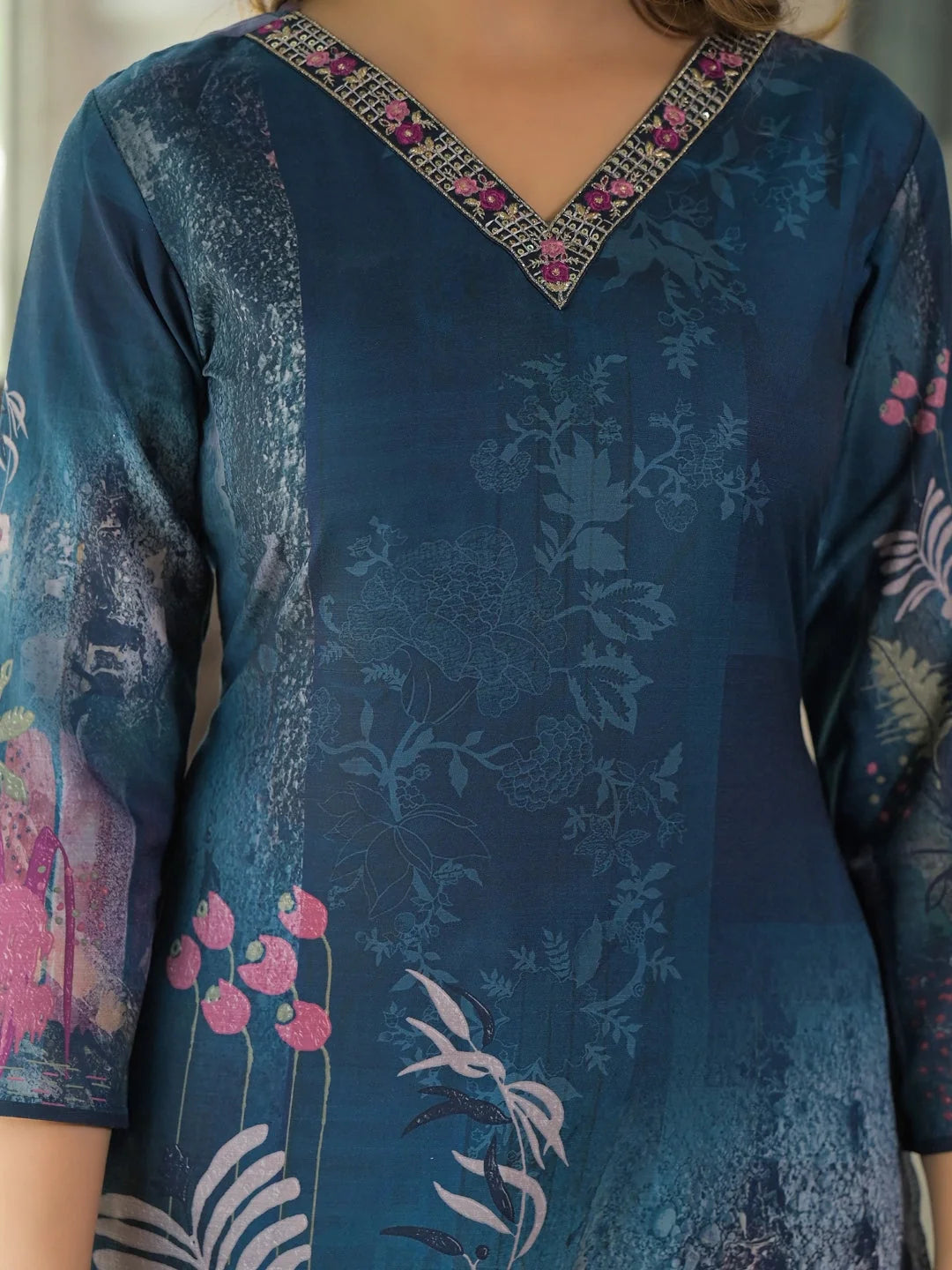 Women Blue Rayon Blend Floral Printed Straight Kurta Trouser With Dupatta