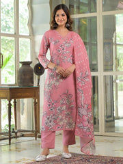 Women Pink Rayon Blend Floral Printed Straight Kurta Trouser With Dupatta-SKSKD3079