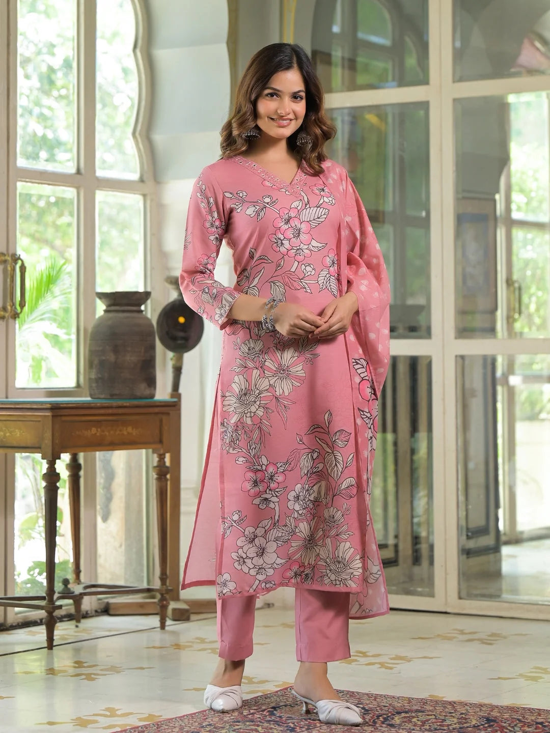 Women Pink Rayon Blend Floral Printed Straight Kurta Trouser With Dupatta