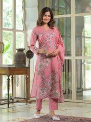 Women Pink Rayon Blend Floral Printed Straight Kurta Trouser With Dupatta-SKSKD3079