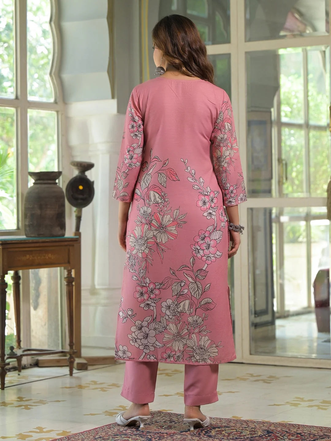 Women Pink Rayon Blend Floral Printed Straight Kurta Trouser With Dupatta