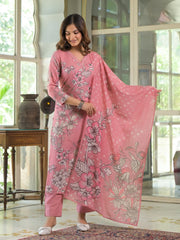 Women Pink Rayon Blend Floral Printed Straight Kurta Trouser With Dupatta-SKSKD3079