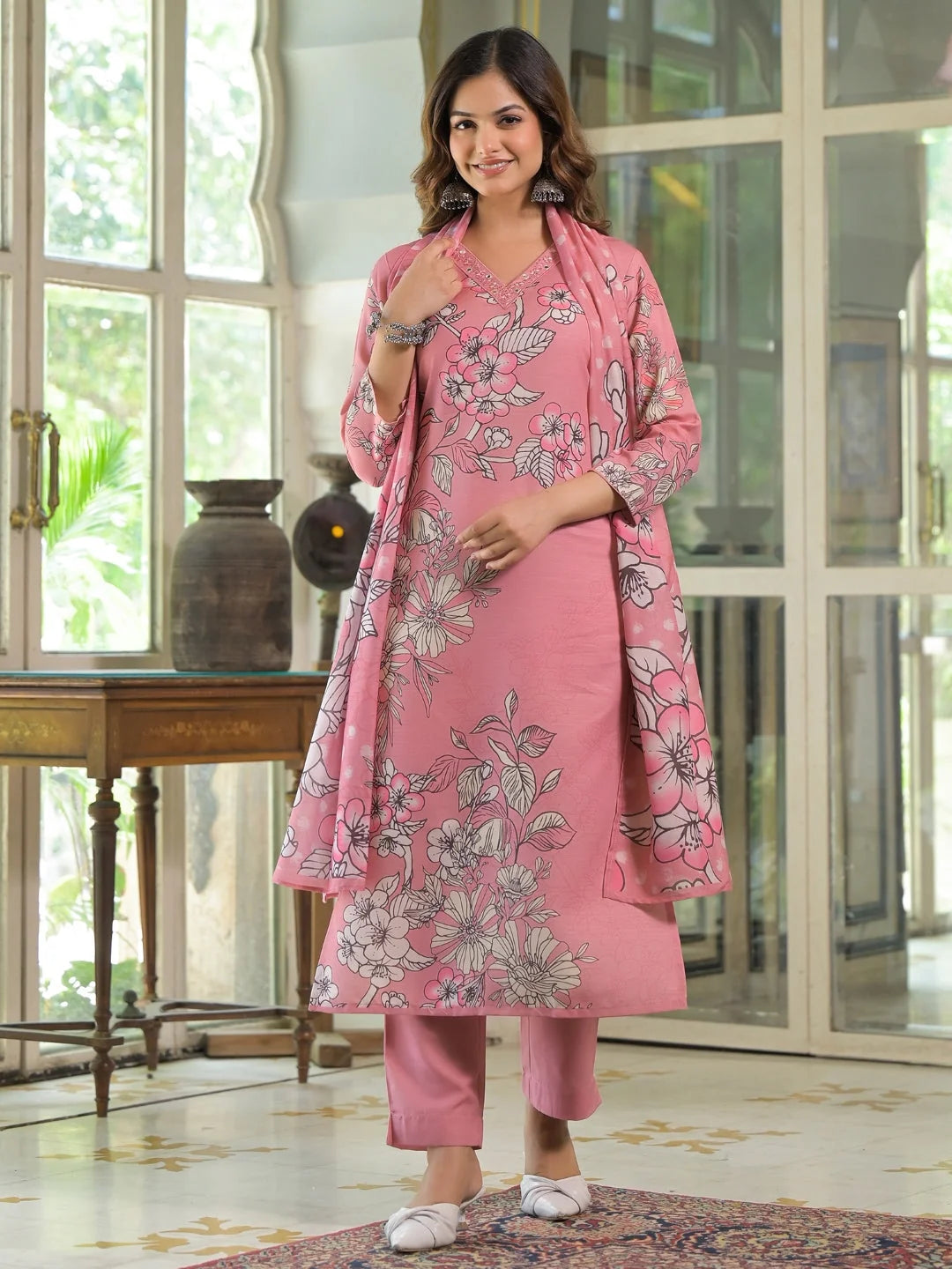 Women Pink Rayon Blend Floral Printed Straight Kurta Trouser With Dupatta
