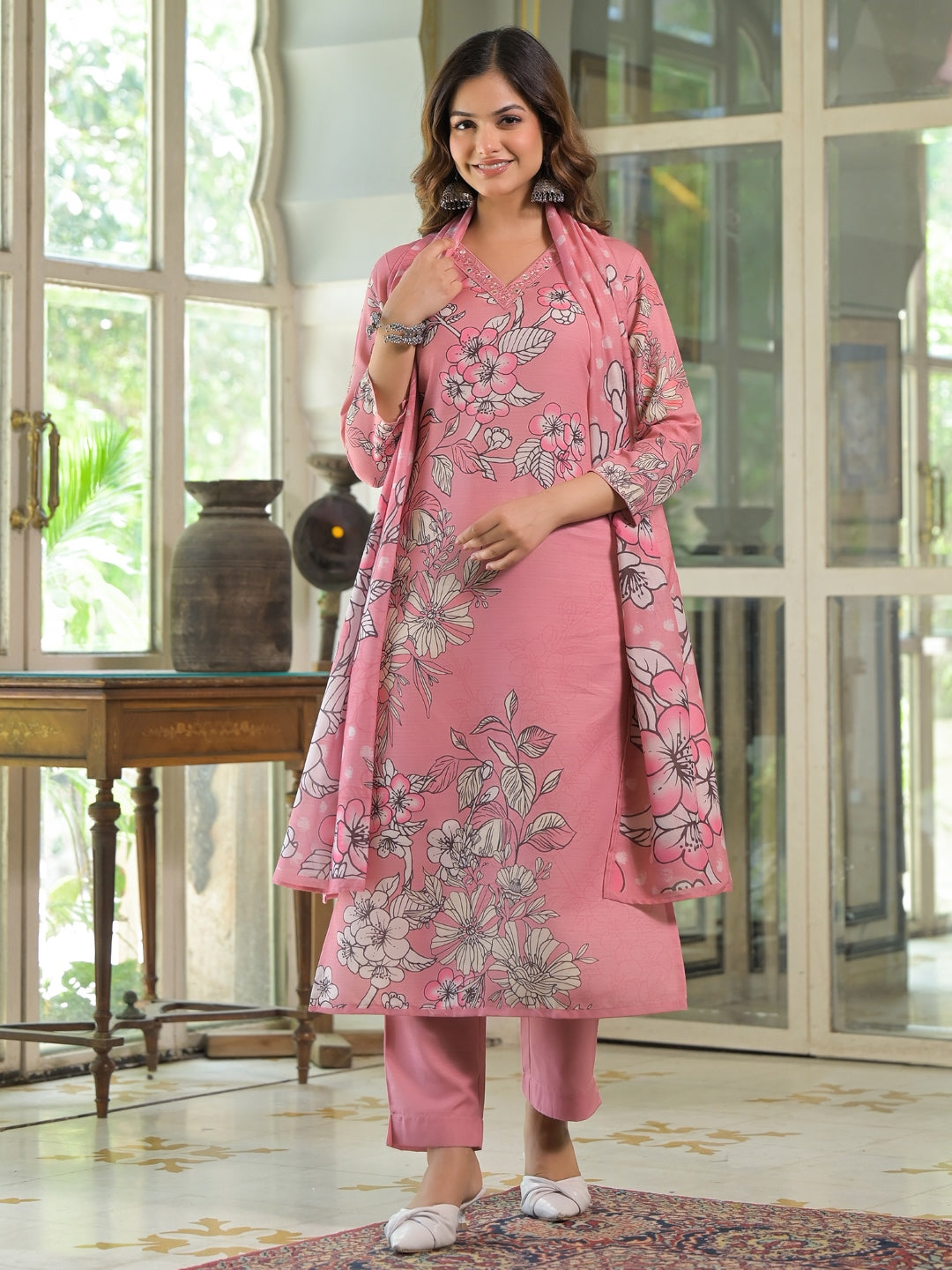 Women Pink Rayon Blend Floral Printed Straight Kurta Trouser With Dupatta