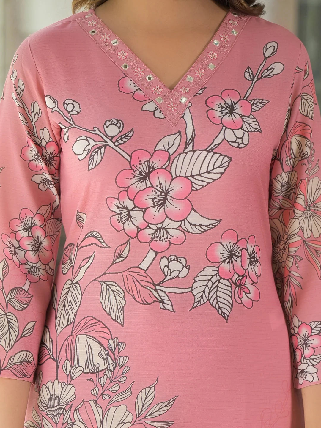 Women Pink Rayon Blend Floral Printed Straight Kurta Trouser With Dupatta