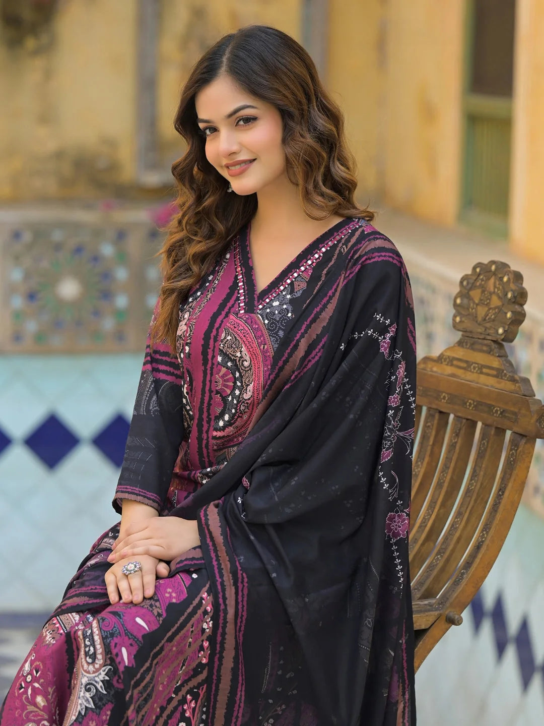 Women Black Rayon Blend Abstract Printed Straight Kurta Trouser With Dupatta