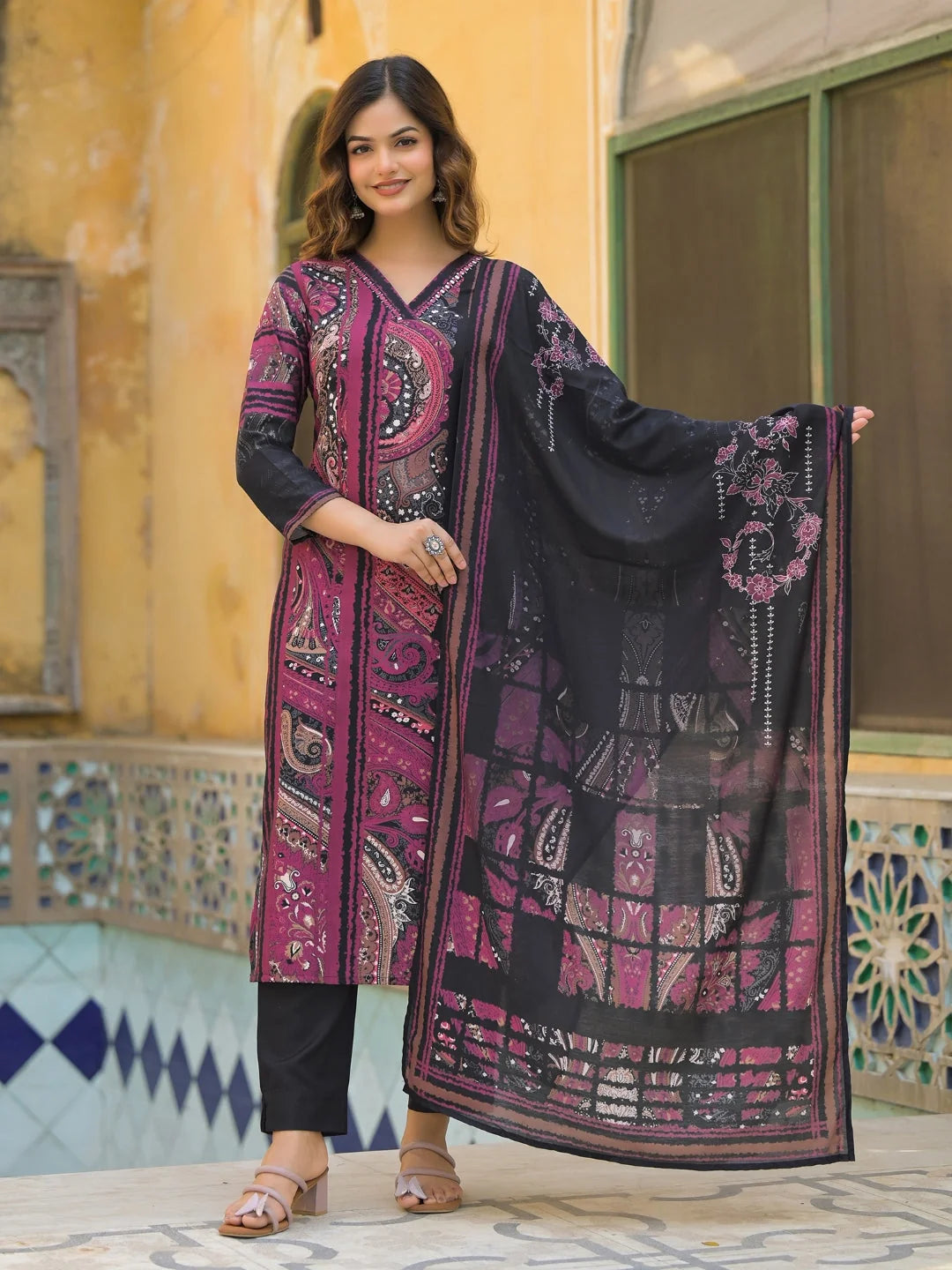 Women Black Rayon Blend Abstract Printed Straight Kurta Trouser With Dupatta