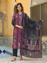 Women Black Rayon Blend Abstract Printed Straight Kurta Trouser With Dupatta-SKSKD3080