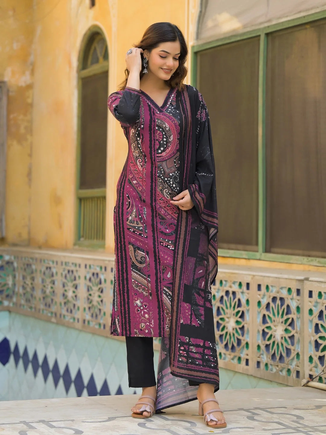 Women Black Rayon Blend Abstract Printed Straight Kurta Trouser With Dupatta