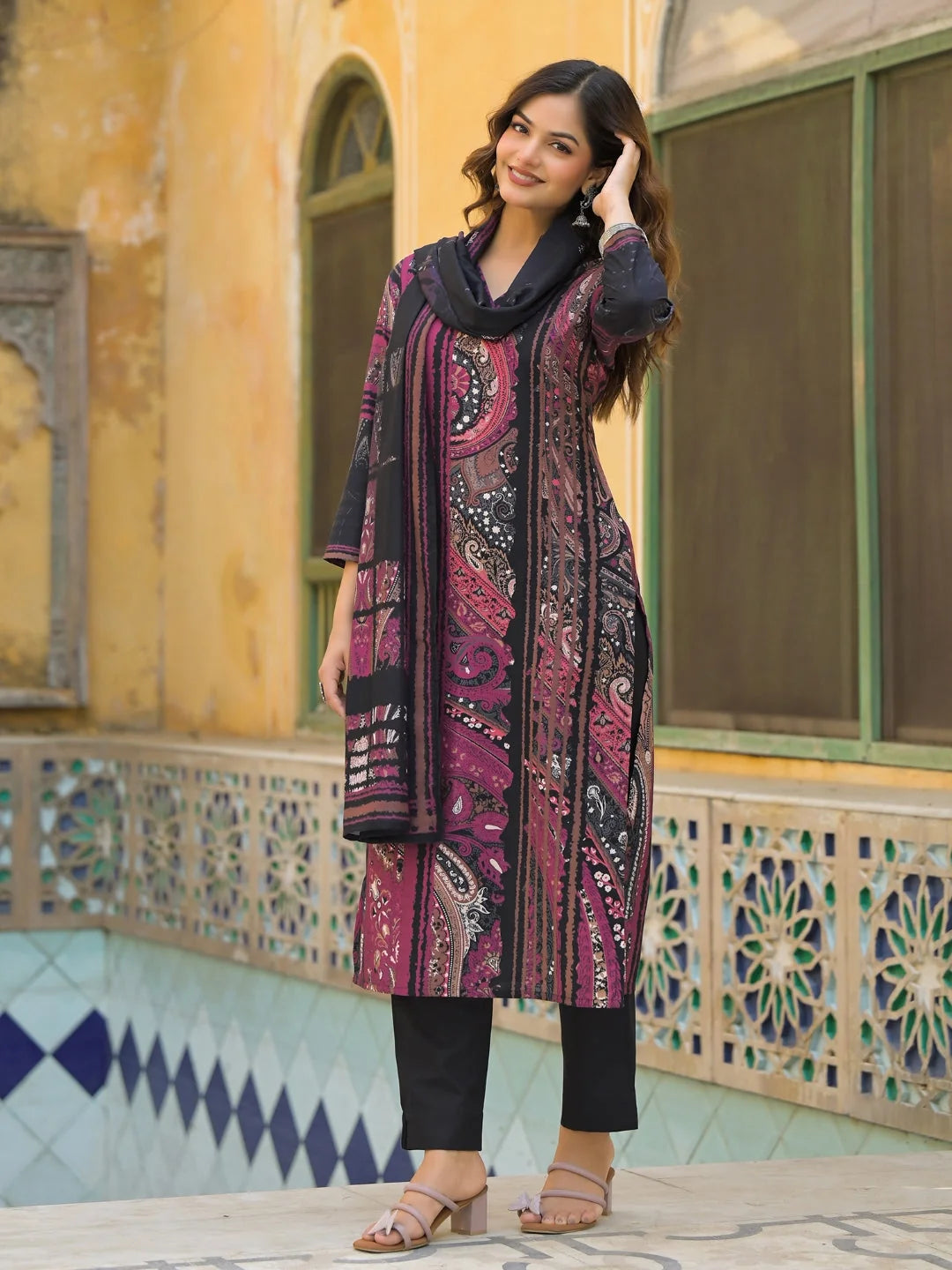 Women Black Rayon Blend Abstract Printed Straight Kurta Trouser With Dupatta