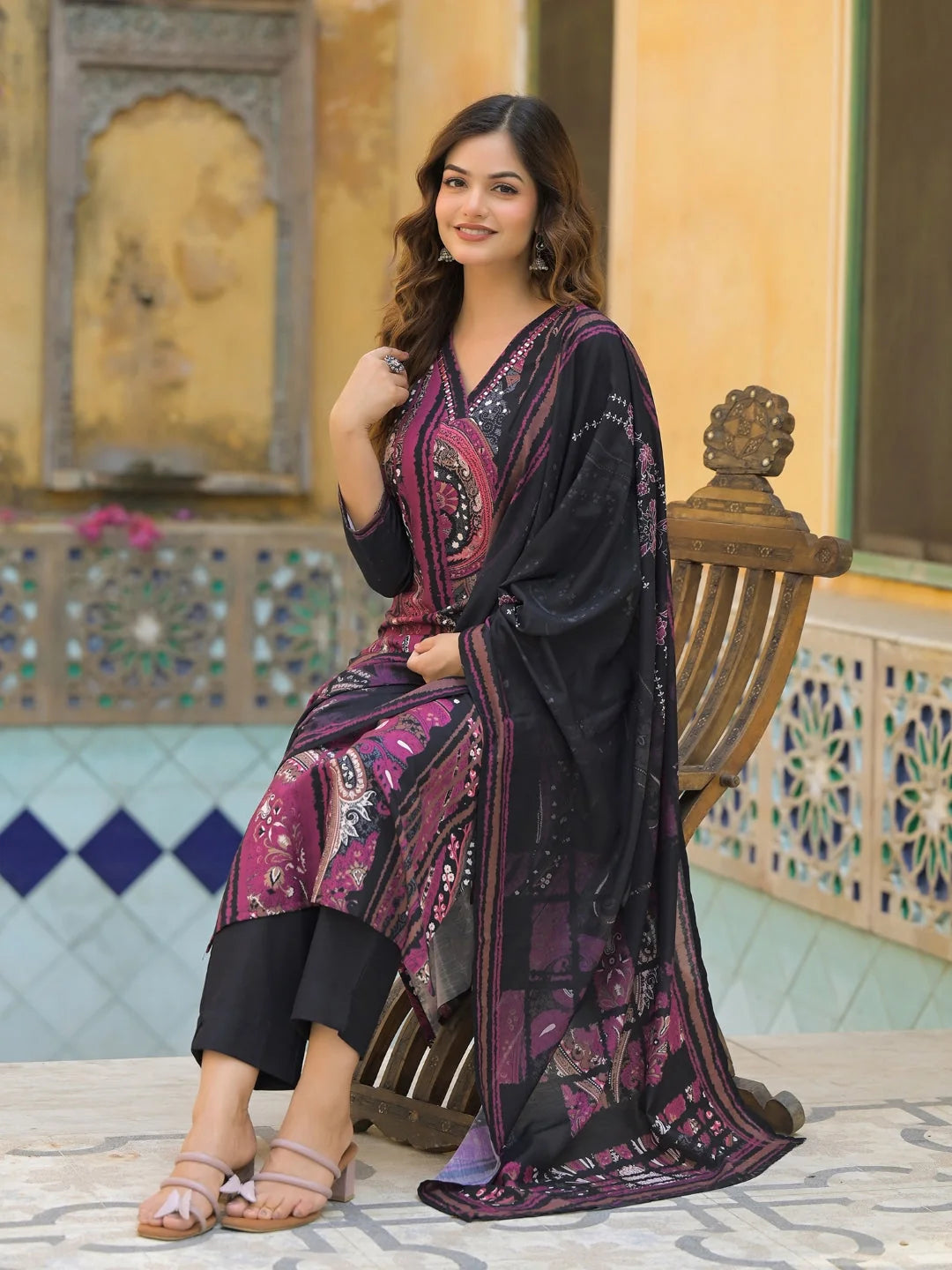 Women Black Rayon Blend Abstract Printed Straight Kurta Trouser With Dupatta