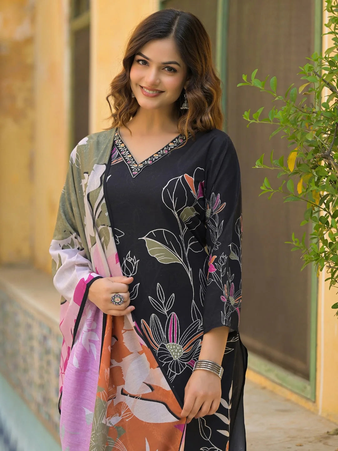 Women Black Rayon Blend Floral Printed Straight Kurta Trouser With Dupatta-SKSKD3081