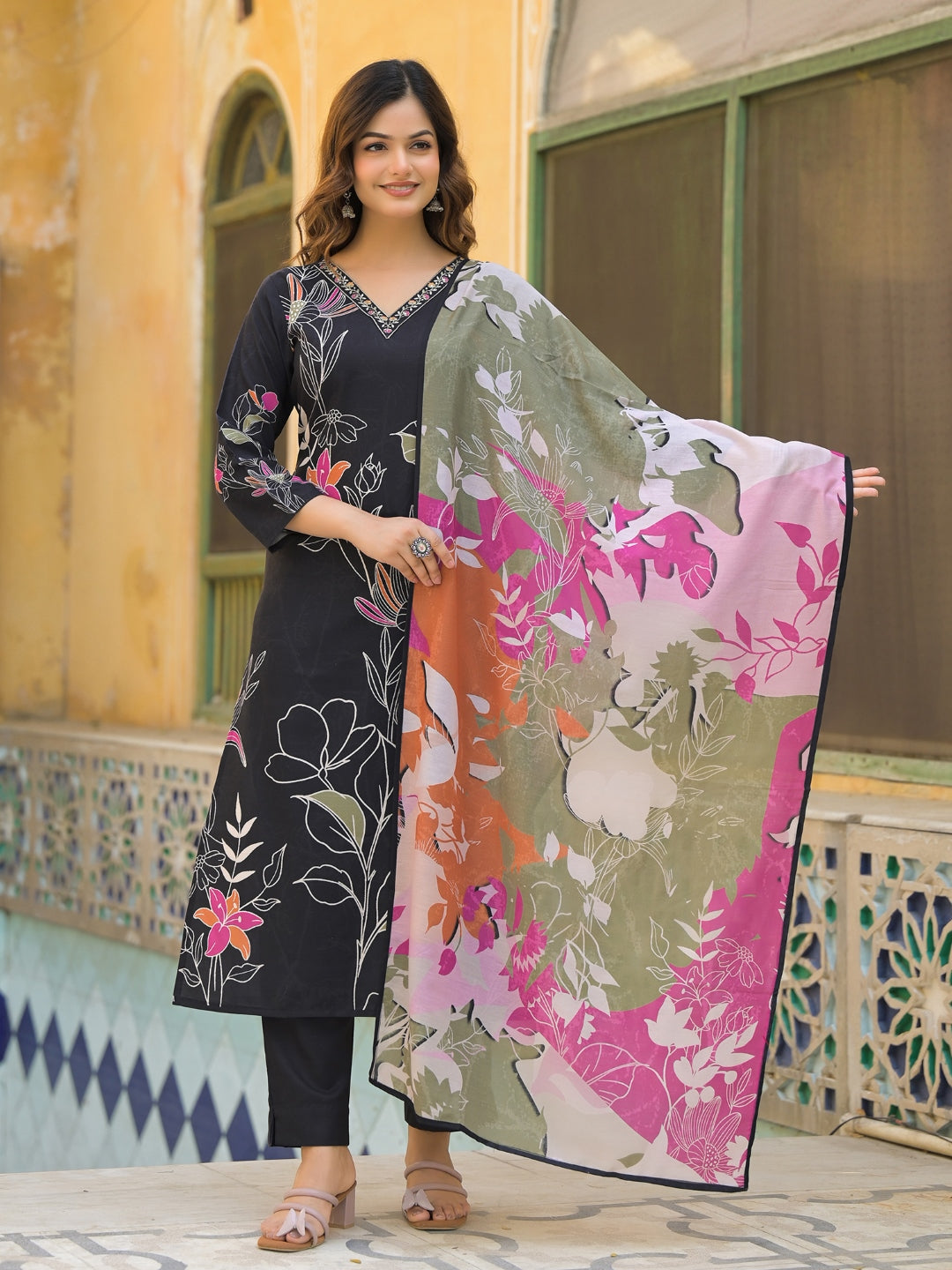 Women Black Rayon Blend Floral Printed Straight Kurta Trouser With Dupatta