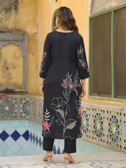 Women Black Rayon Blend Floral Printed Straight Kurta Trouser With Dupatta-SKSKD3081