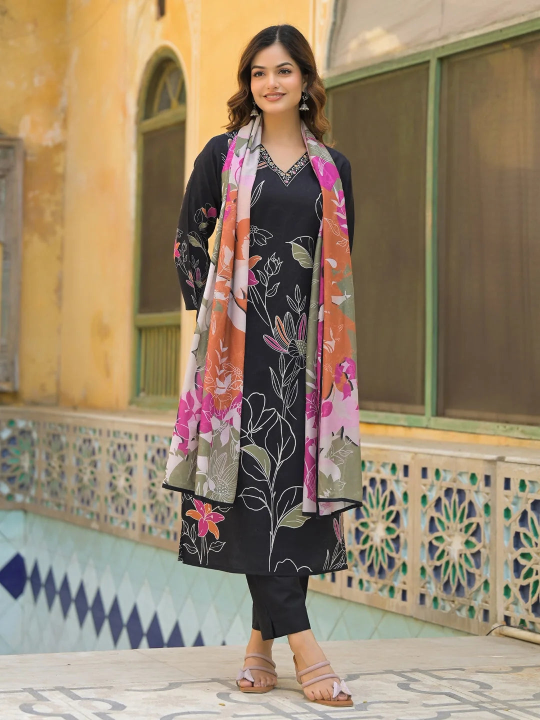 Women Black Rayon Blend Floral Printed Straight Kurta Trouser With Dupatta
