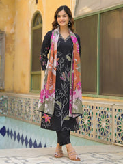 Women Black Rayon Blend Floral Printed Straight Kurta Trouser With Dupatta-SKSKD3081