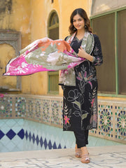 Women Black Rayon Blend Floral Printed Straight Kurta Trouser With Dupatta-SKSKD3081