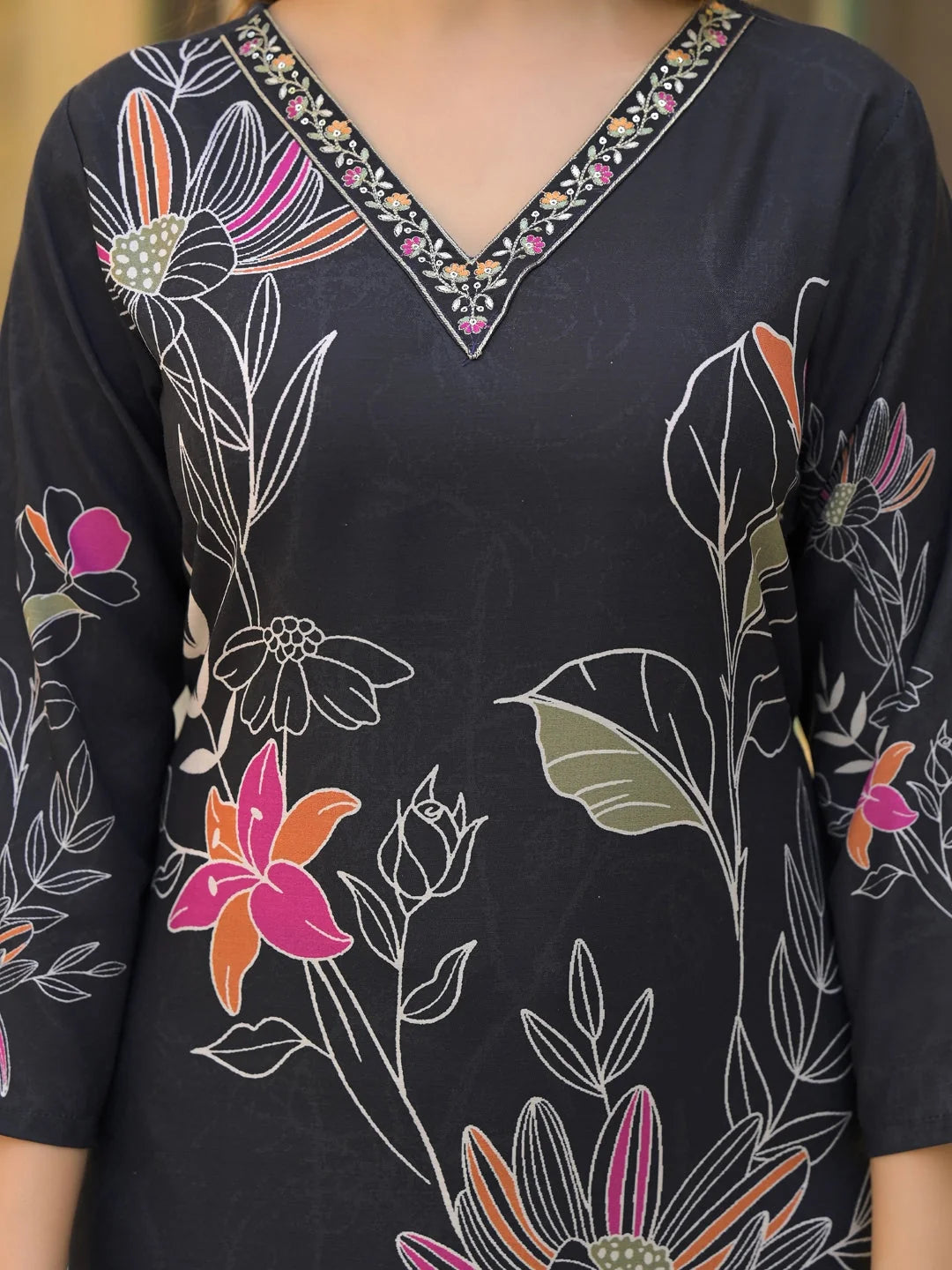 Women Black Rayon Blend Floral Printed Straight Kurta Trouser With Dupatta