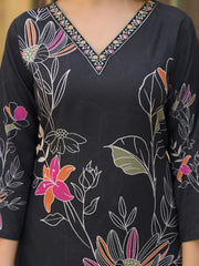 Women Black Rayon Blend Floral Printed Straight Kurta Trouser With Dupatta-SKSKD3081
