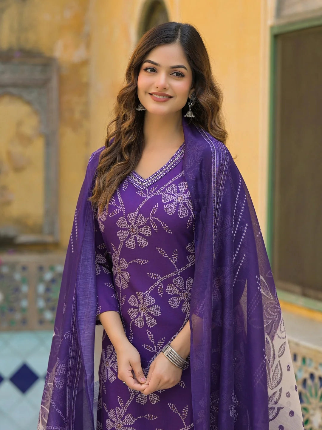 Women Purple Rayon Blend Bandhani Printed Straight Kurta Trouser With Dupatta-SKSKD3083