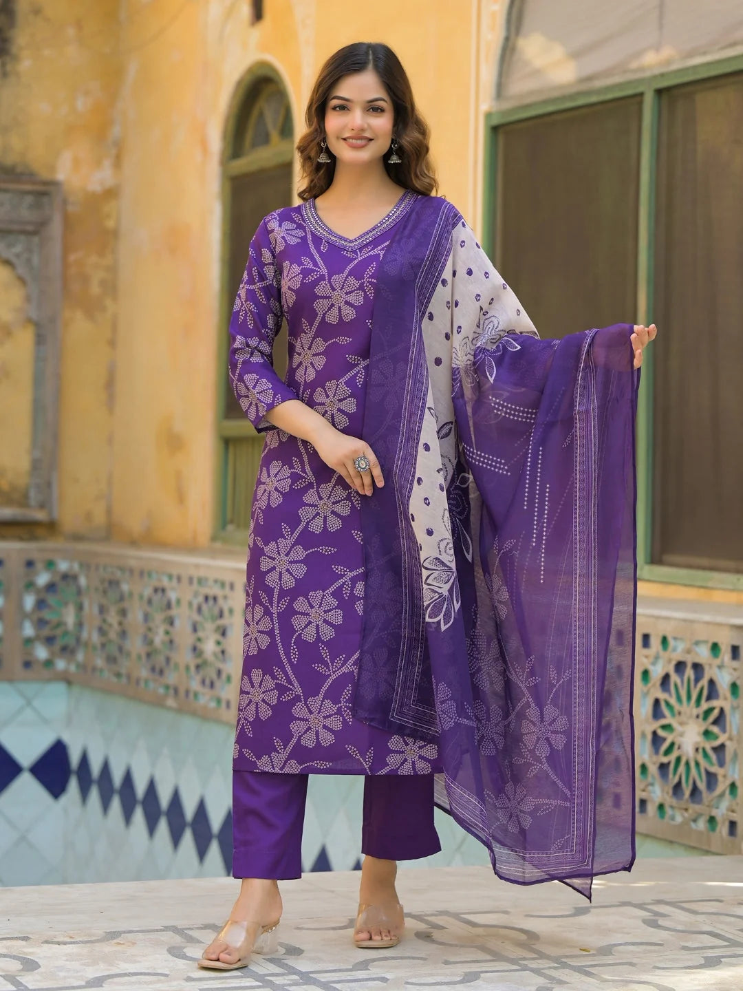 Women Purple Rayon Blend Bandhani Printed Straight Kurta Trouser With Dupatta