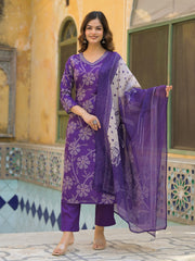 Women Purple Rayon Blend Bandhani Printed Straight Kurta Trouser With Dupatta-SKSKD3083