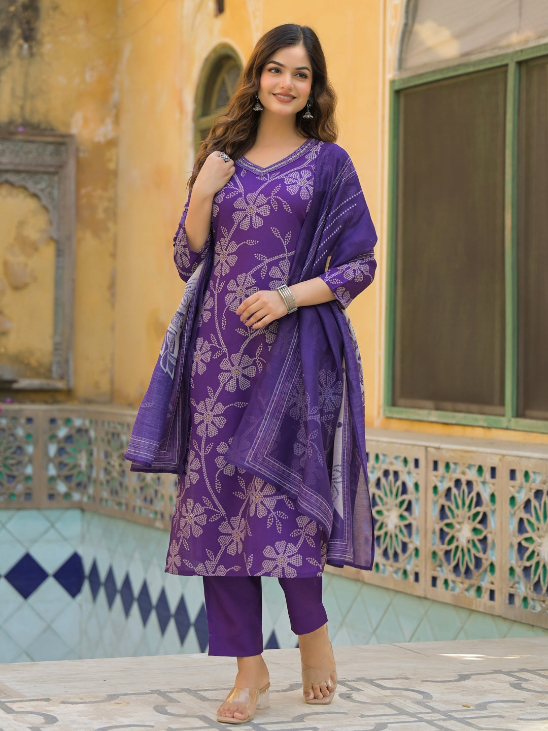 Women Purple Rayon Blend Bandhani Printed Straight Kurta Trouser With Dupatta