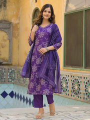 Women Purple Rayon Blend Bandhani Printed Straight Kurta Trouser With Dupatta-SKSKD3083