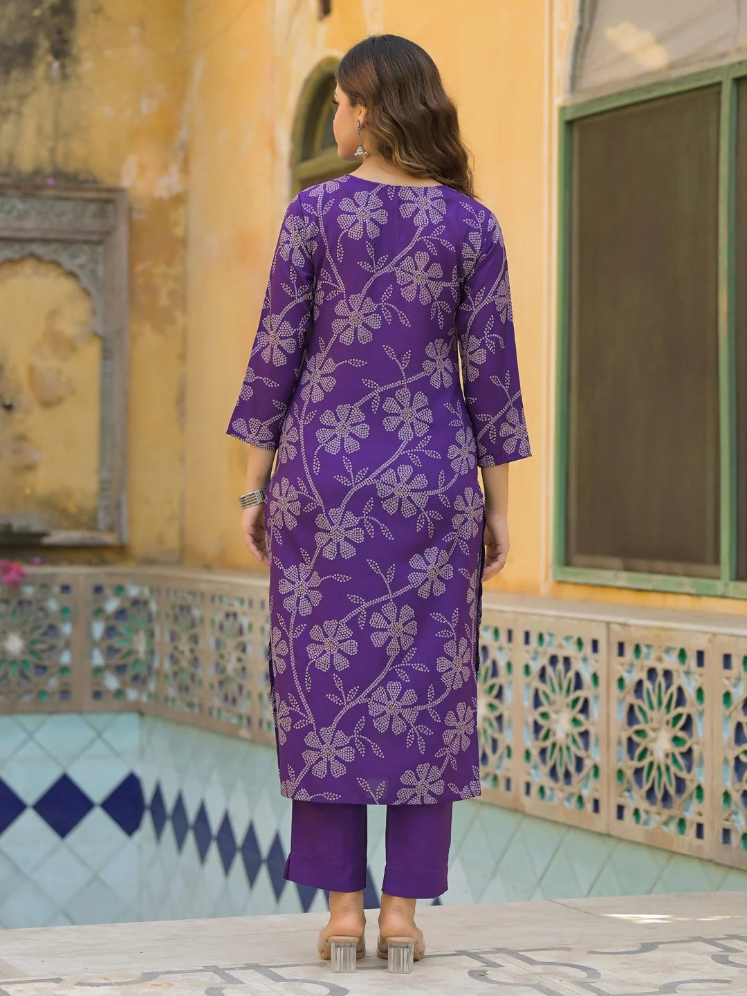 Women Purple Rayon Blend Bandhani Printed Straight Kurta Trouser With Dupatta